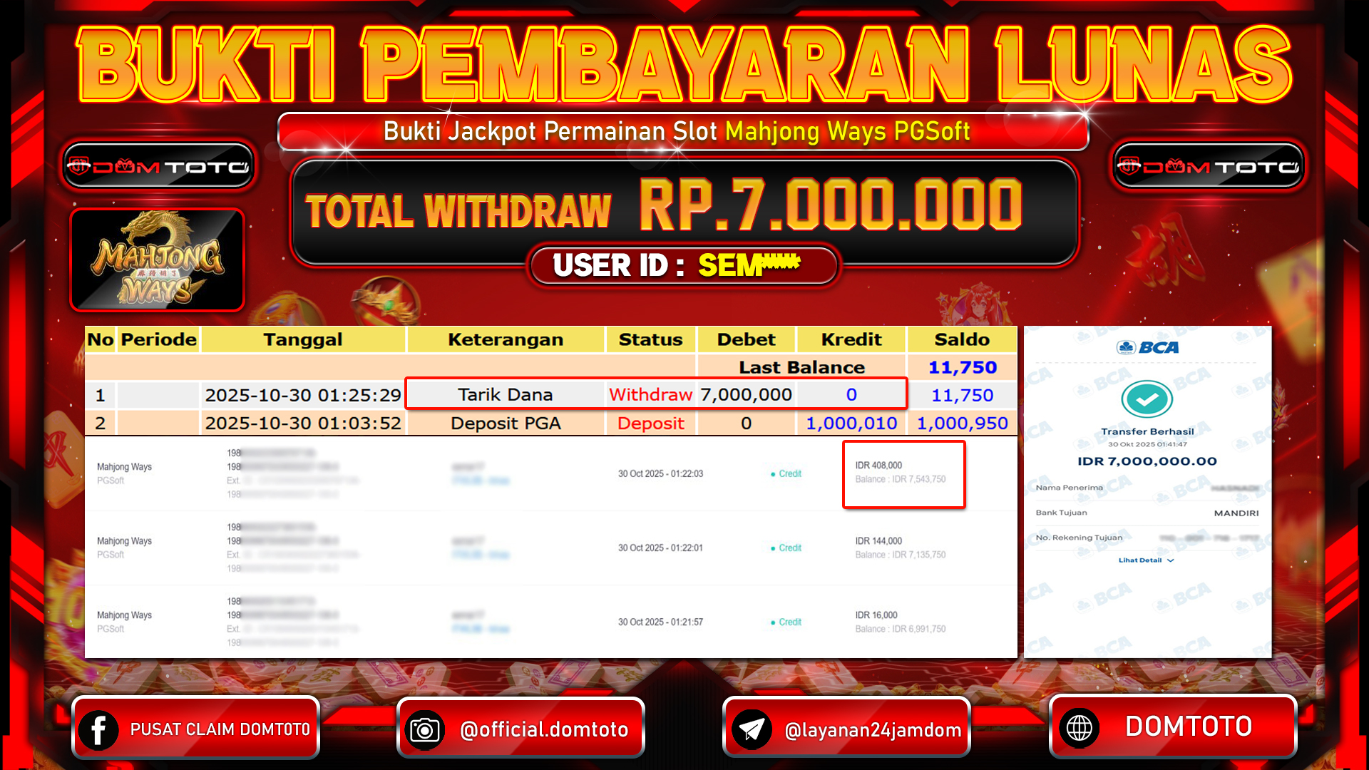 JACKPOT Slot Mahjong Ways PGSoft 30 OKTOBER 2025